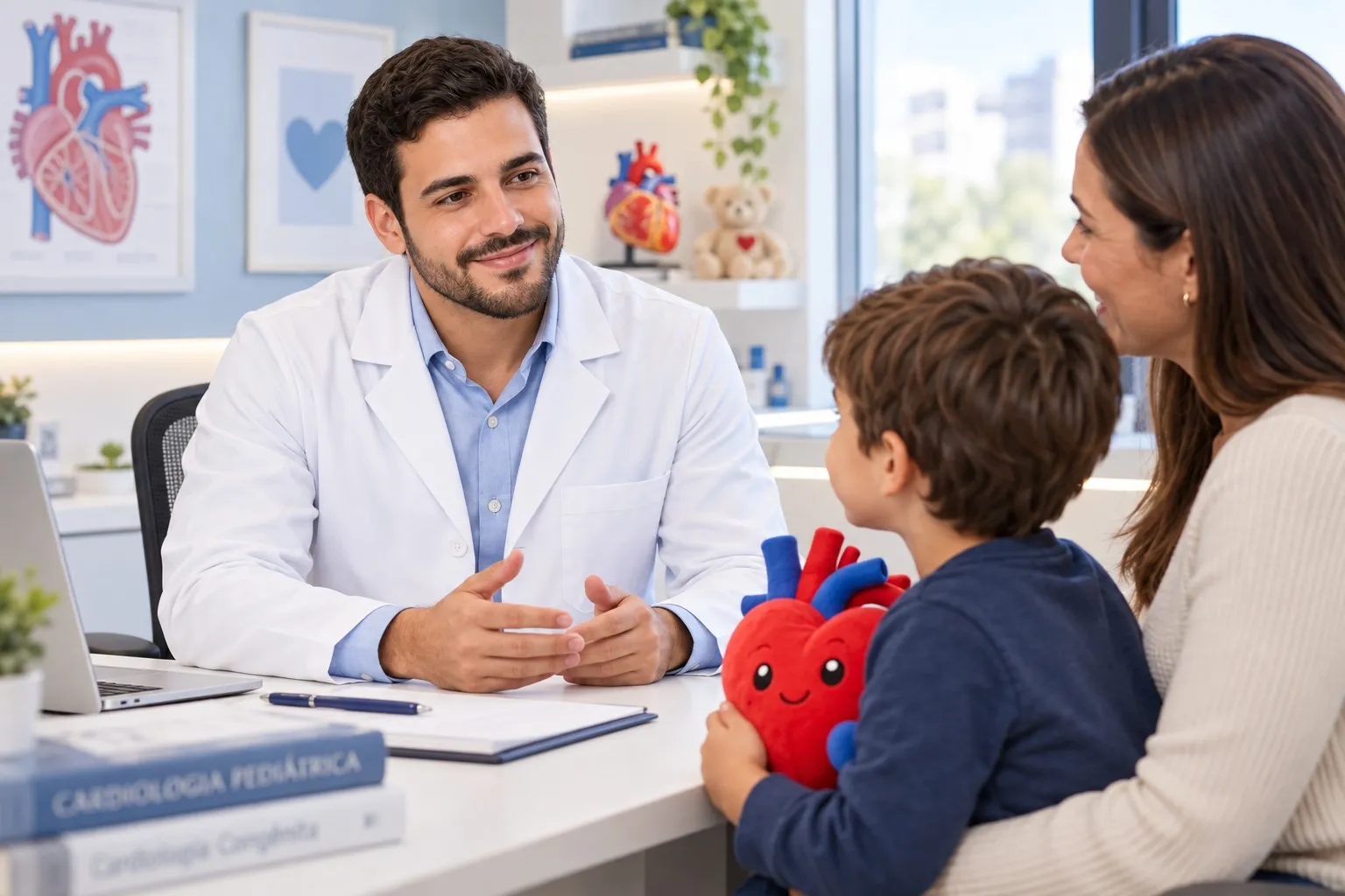Dr. Rafael Moreira conversando com uma mãe e o filho, que segura um coração de pelúcia