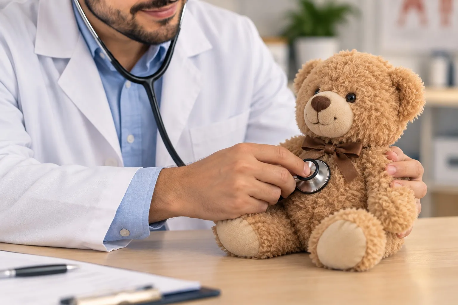 O médico examina um ursinho de pelúcia com o estetoscópio
